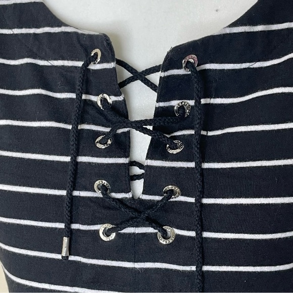 Chaps Black Stripes Clein Flounce Hem Dress US M - Picture 6 of 9